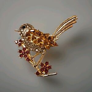 Yellow Red & Clear Rhinestone Song Bird Brooch 2 X 2
